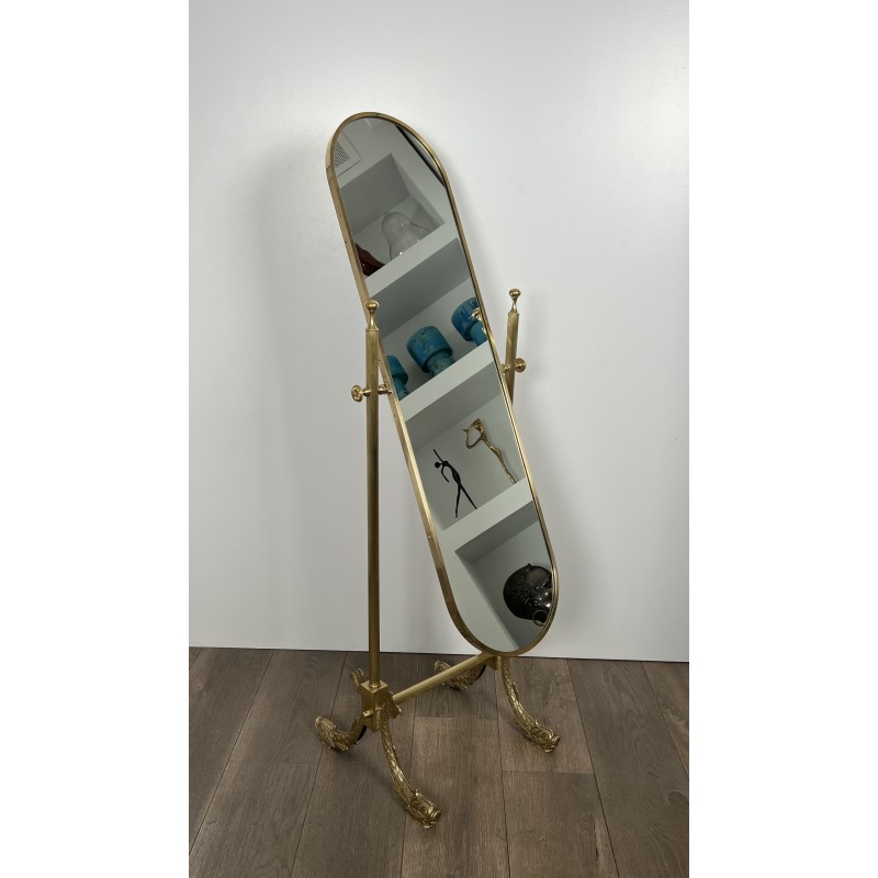 Miroir Psyché Néoclassique en Laiton à Piètement aux Dauphins, Maison Jansen, Travail Français, Vers 1940