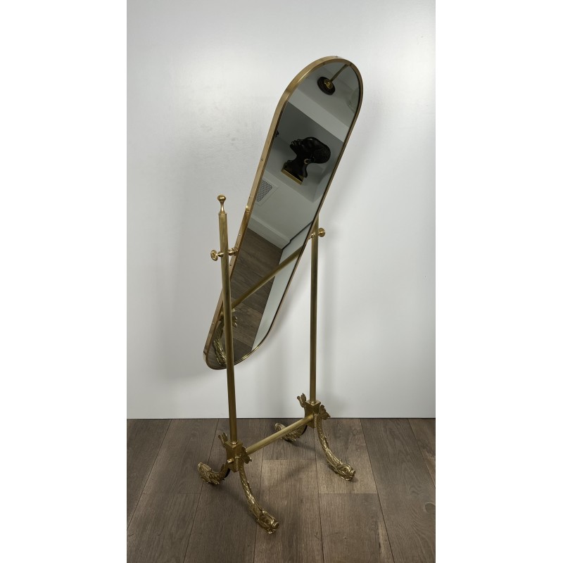 Neoclassical Brass Psyché Mirror with Dolphin Base, Maison Jansen, French Work, Circa 1940