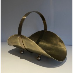 Neoclassical Style Brass Log Holder on Ball Feet, French Work, Circa 1970