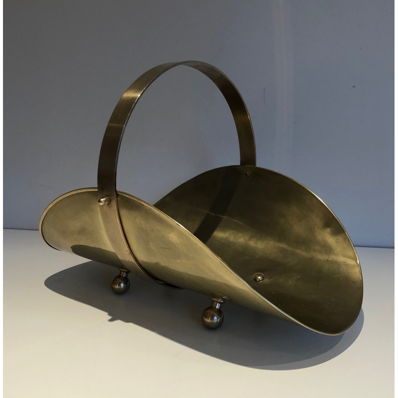 Neoclassical Style Brass Log Holder on Ball Feet, French Work, Circa 1970