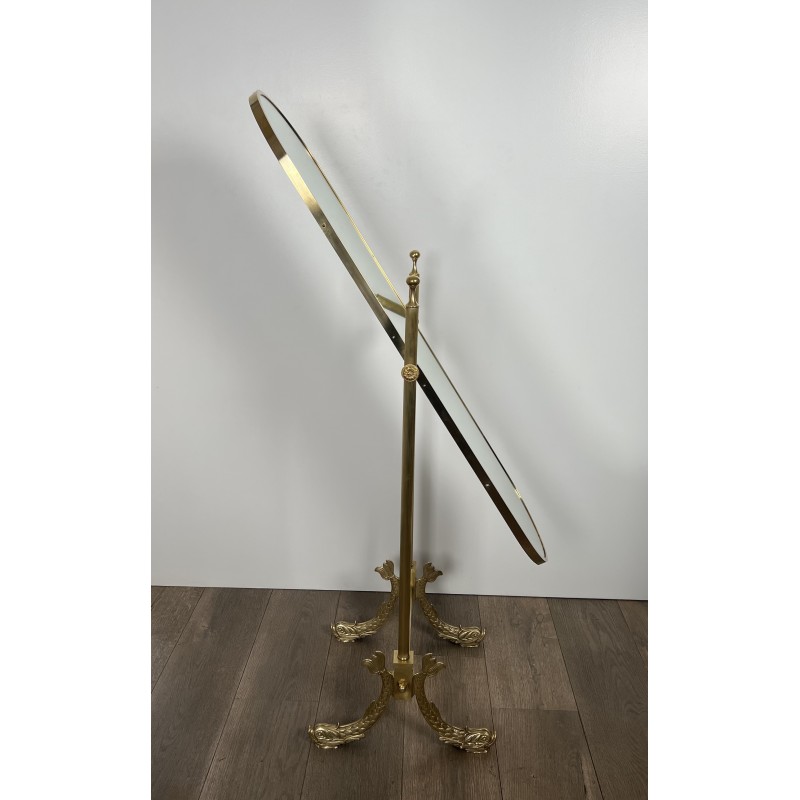 Neoclassical Brass Psyché Mirror with Dolphin Base, Maison Jansen, French Work, Circa 1940
