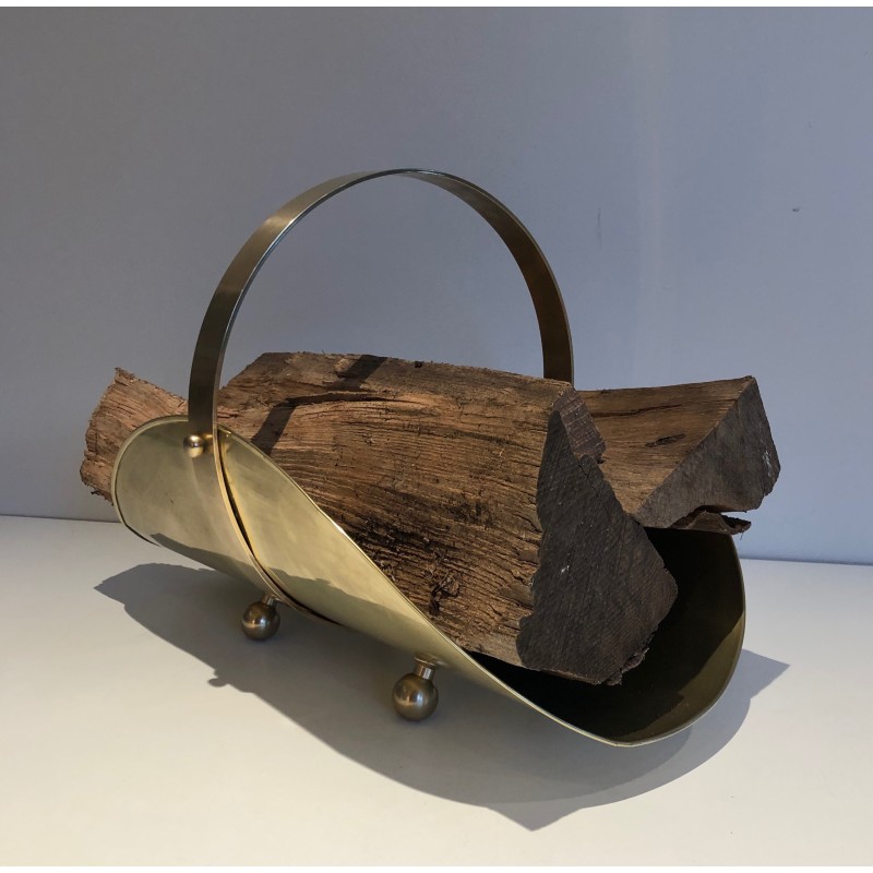 Neoclassical Style Brass Log Holder on Ball Feet, French Work, Circa 1970