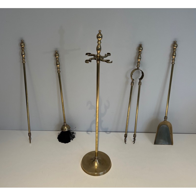 Neoclassical Style Brass Fireplace Tools, French Work, Circa 1970