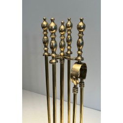Neoclassical Style Brass Fireplace Tools, French Work, Circa 1970