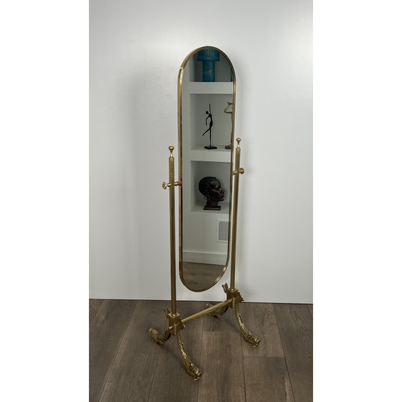 Neoclassical Brass Psyché Mirror with Dolphin Base, Maison Jansen, French Work, Circa 1940