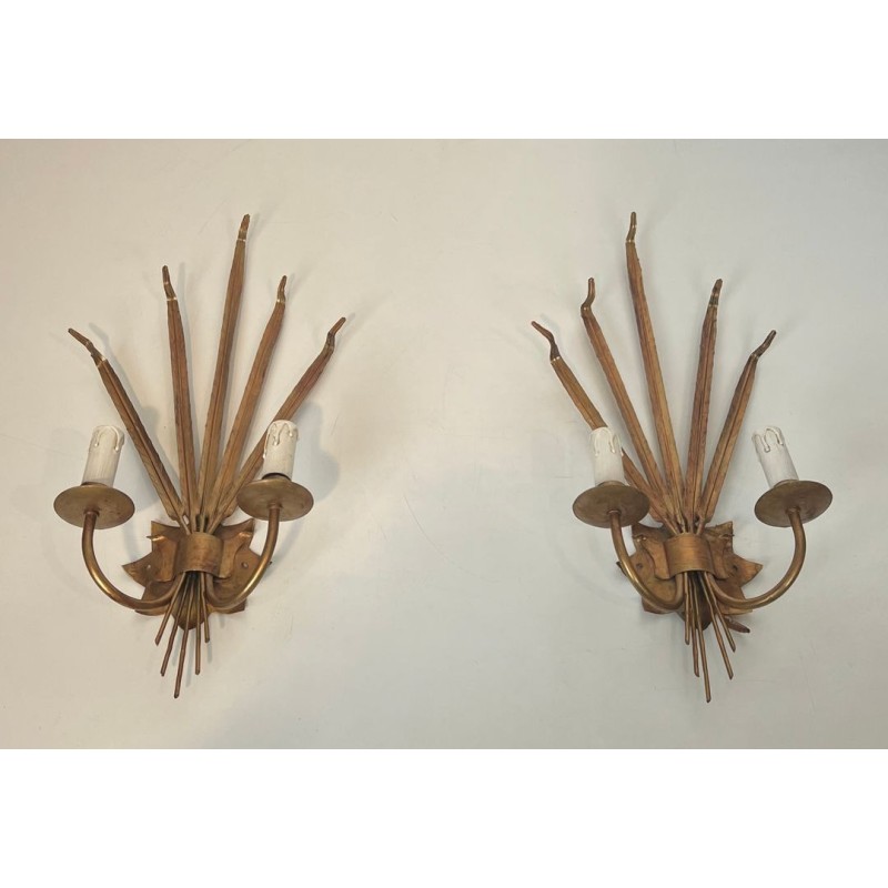 Pair of Gilded Wheat Sheaf Wall Sconces in the Taste of Chanel | French Work, circa 1970