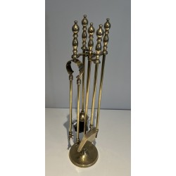 Neoclassical Style Brass Fireplace Tools, French Work, Circa 1970