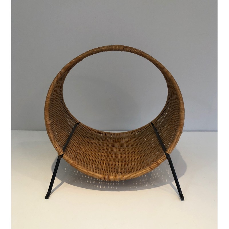 Design Log Holder in Black Lacquered Metal and Rattan, French Work, Circa 1970