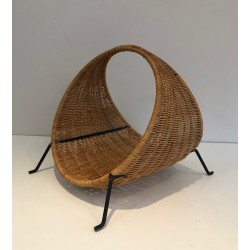 Porte-Bûches Design en Métal Laqué Noir et Rotin, Travail Français, Vers 1970