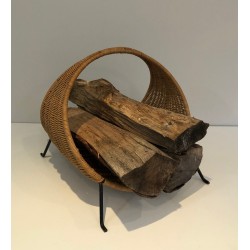 Design Log Holder in Black Lacquered Metal and Rattan, French Work, Circa 1970