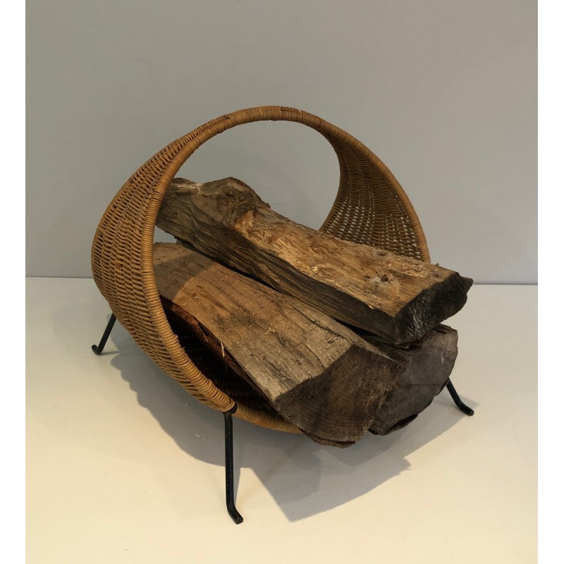 Design Log Holder in Black Lacquered Metal and Rattan, French Work, Circa 1970