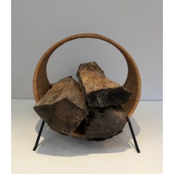 Porte-Bûches Design en Métal Laqué Noir et Rotin, Travail Français, Vers 1970