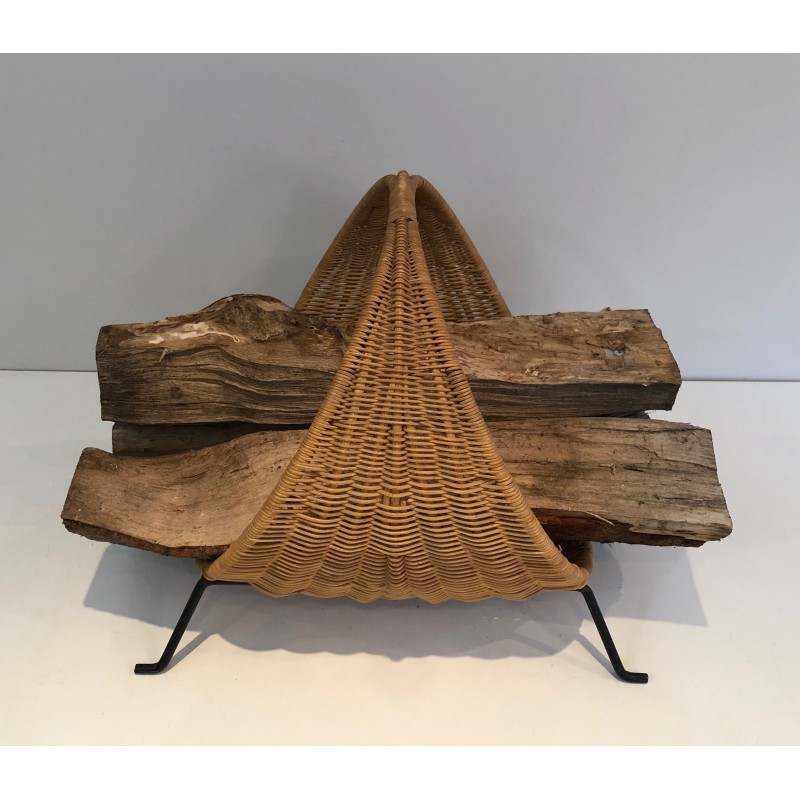 Design Log Holder in Black Lacquered Metal and Rattan, French Work, Circa 1970