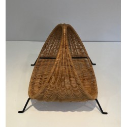 Design Log Holder in Black Lacquered Metal and Rattan, French Work, Circa 1970