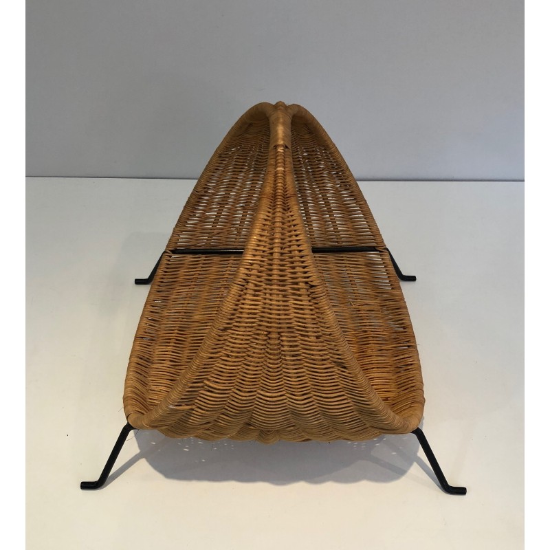 Design Log Holder in Black Lacquered Metal and Rattan, French Work, Circa 1970