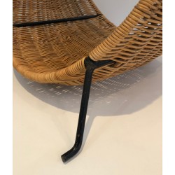 Design Log Holder in Black Lacquered Metal and Rattan, French Work, Circa 1970