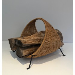 Porte-Bûches Design en Métal Laqué Noir et Rotin, Travail Français, Vers 1970
