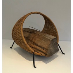 Design Log Holder in Black Lacquered Metal and Rattan, French Work, Circa 1970