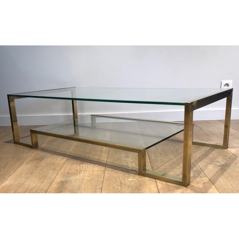 Table Basse en Laiton et Verre de Guy Lefèvre pour la Maison Jansen, Travail Français, Vers 1970
