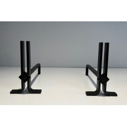 Pair of Modernist Cast Iron and Wrought Iron Andirons, French Work, Circa 1940