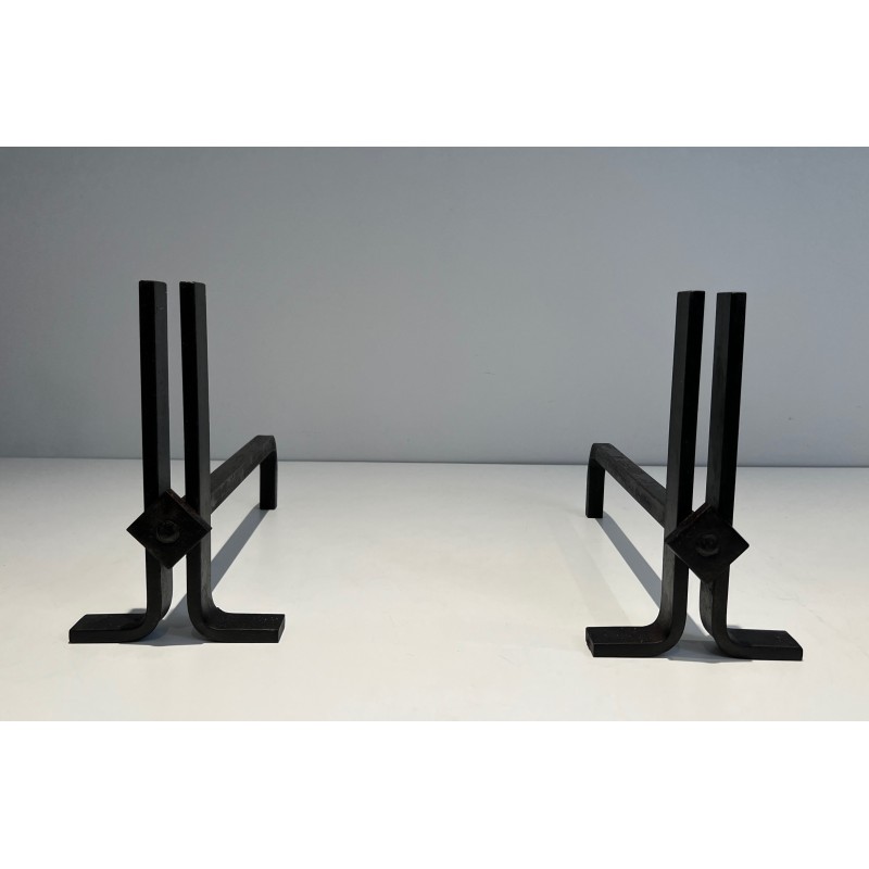 Pair of Modernist Cast Iron and Wrought Iron Andirons, French Work, Circa 1940