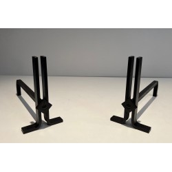 Pair of Modernist Cast Iron and Wrought Iron Andirons, French Work, Circa 1940
