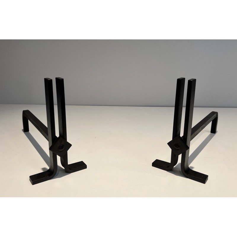 Pair of Modernist Cast Iron and Wrought Iron Andirons, French Work, Circa 1940