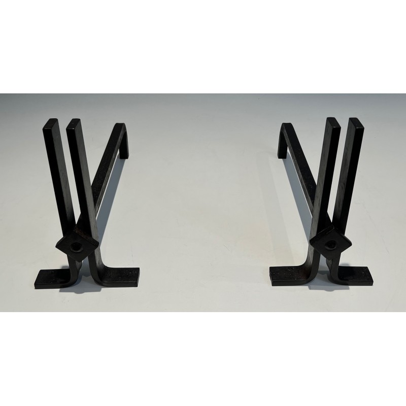 Pair of Modernist Cast Iron and Wrought Iron Andirons, French Work, Circa 1940