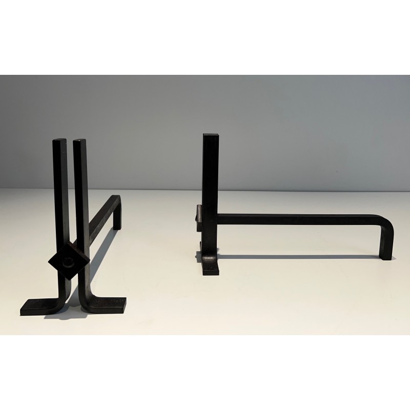 Pair of Modernist Cast Iron and Wrought Iron Andirons, French Work, Circa 1940
