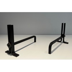 Pair of Modernist Cast Iron and Wrought Iron Andirons, French Work, Circa 1940