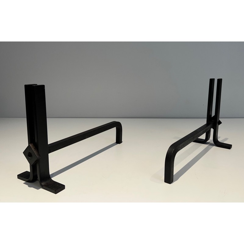 Pair of Modernist Cast Iron and Wrought Iron Andirons, French Work, Circa 1940