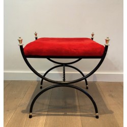 Neoclassical Black Lacquered Metal and Brass Stool with Velvet Seat, French Work, Circa 1940