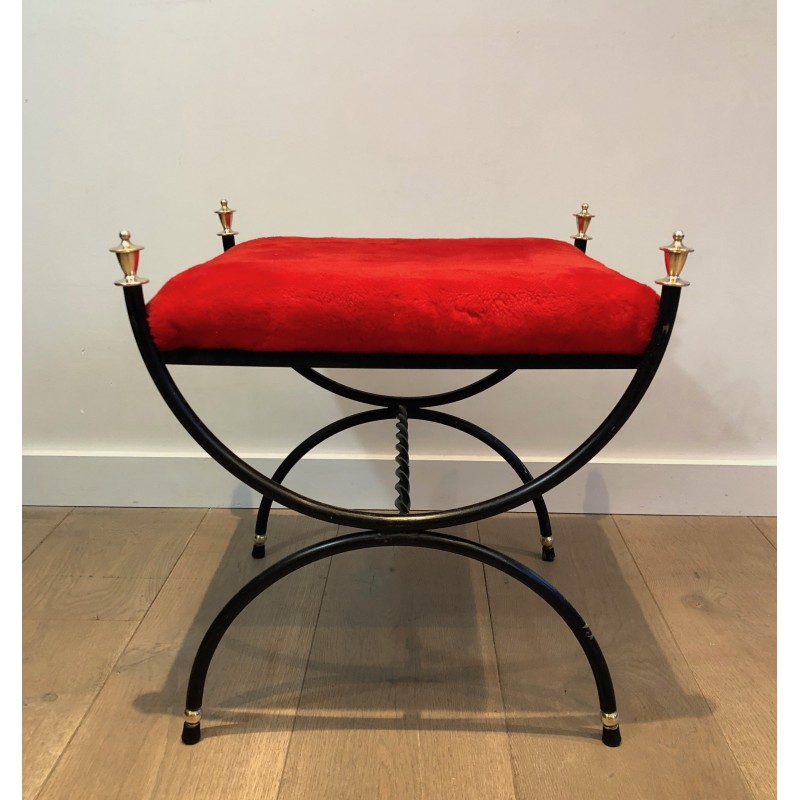 Neoclassical Black Lacquered Metal and Brass Stool with Velvet Seat, French Work, Circa 1940