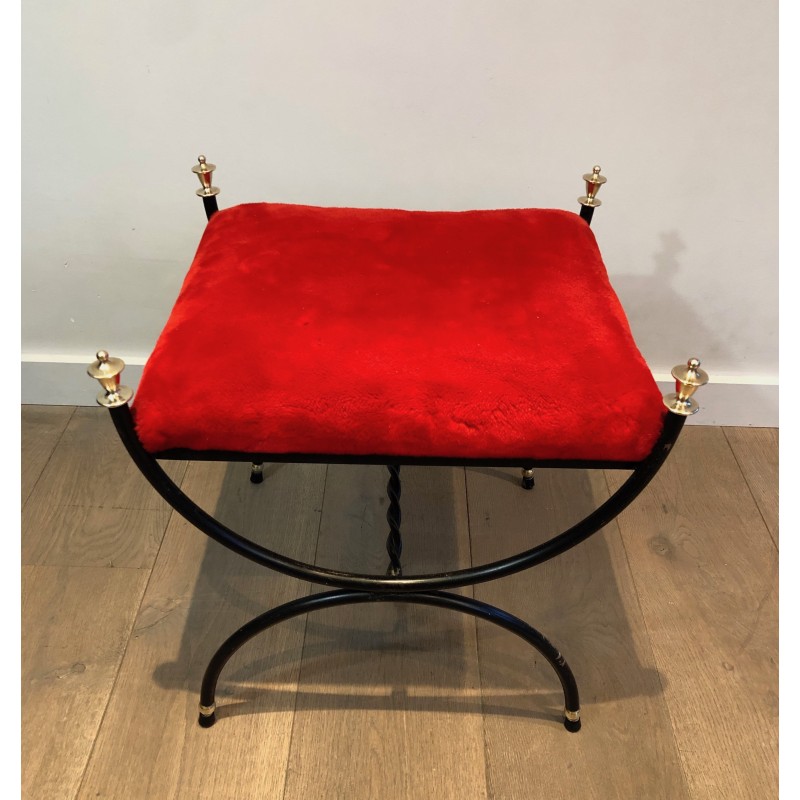 Neoclassical Black Lacquered Metal and Brass Stool with Velvet Seat, French Work, Circa 1940