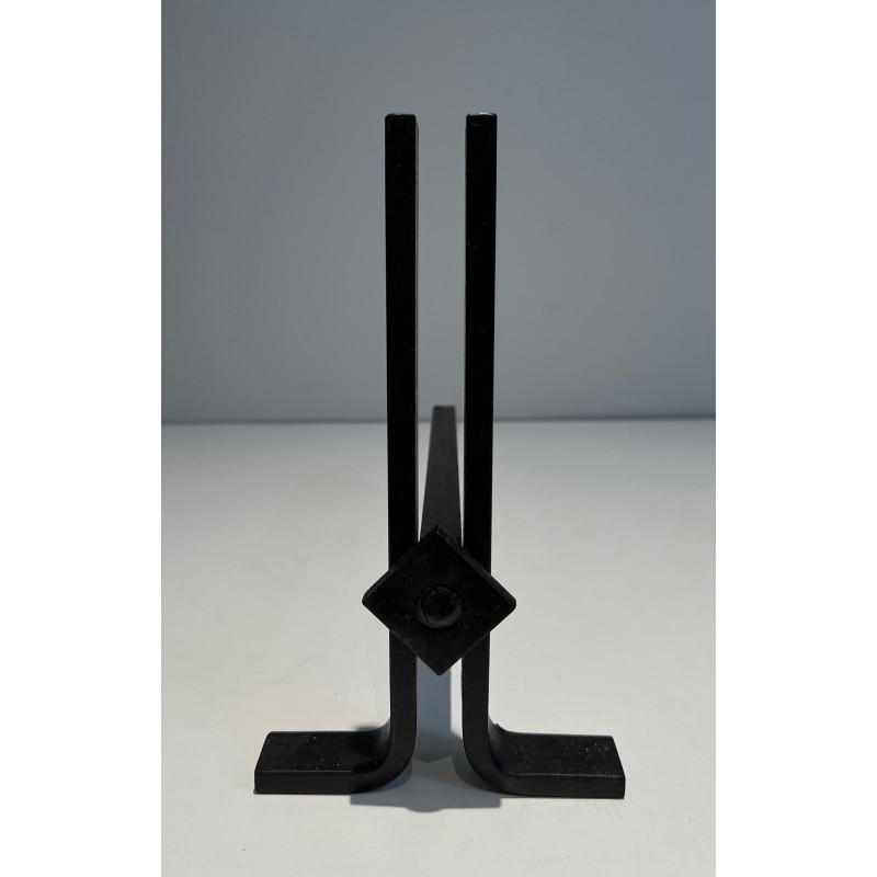 Pair of Modernist Cast Iron and Wrought Iron Andirons, French Work, Circa 1940