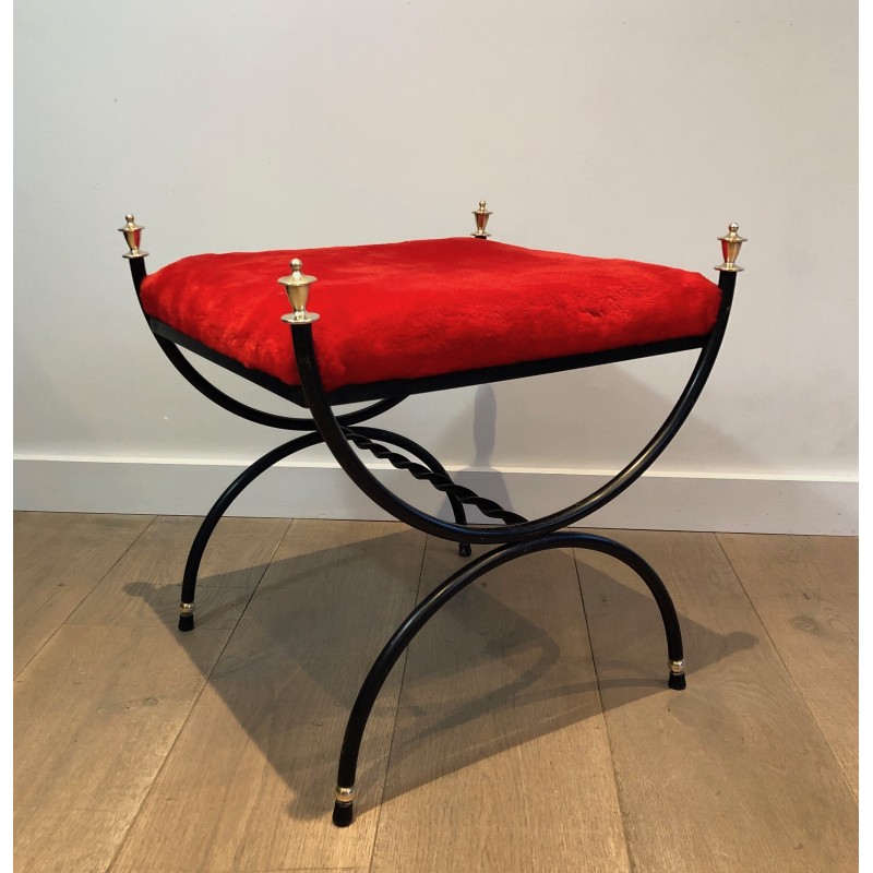 Tabouret Néoclassique en Métal Laqué Noir et Laiton à Assise de Velours, Travail Français, Vers 1940