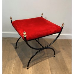 Neoclassical Black Lacquered Metal and Brass Stool with Velvet Seat, French Work, Circa 1940