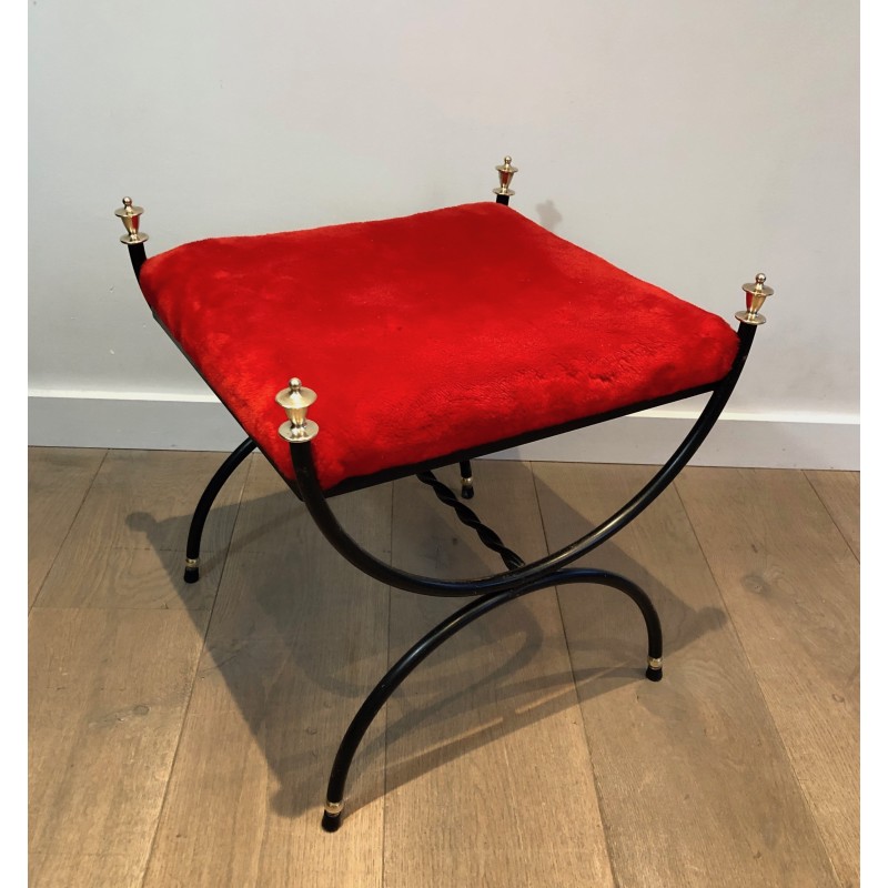 Neoclassical Black Lacquered Metal and Brass Stool with Velvet Seat, French Work, Circa 1940