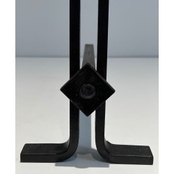 Pair of Modernist Cast Iron and Wrought Iron Andirons, French Work, Circa 1940