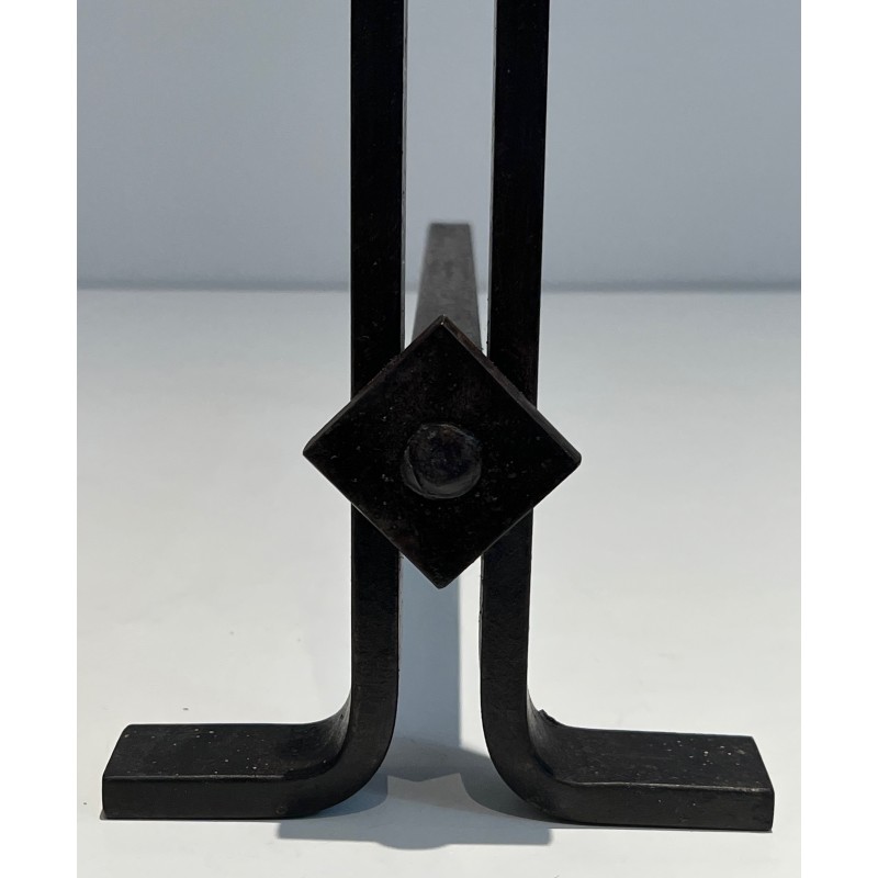 Pair of Modernist Cast Iron and Wrought Iron Andirons, French Work, Circa 1940