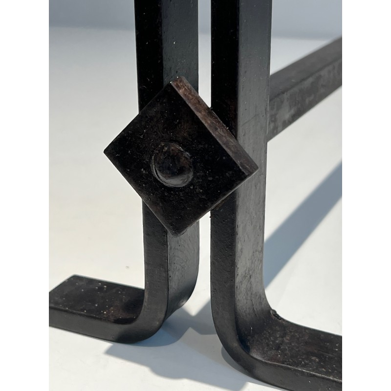 Paire de Chenets Modernistes en Fonte et Fer Forgé, Travail Français, Vers 1940