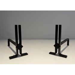 Pair of Modernist Cast Iron and Wrought Iron Andirons, French Work, Circa 1940