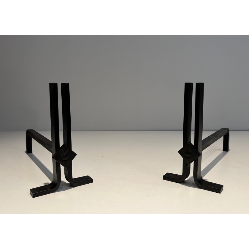 Pair of Modernist Cast Iron and Wrought Iron Andirons, French Work, Circa 1940