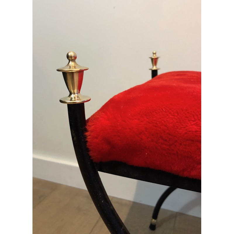 Tabouret Néoclassique en Métal Laqué Noir et Laiton à Assise de Velours, Travail Français, Vers 1940