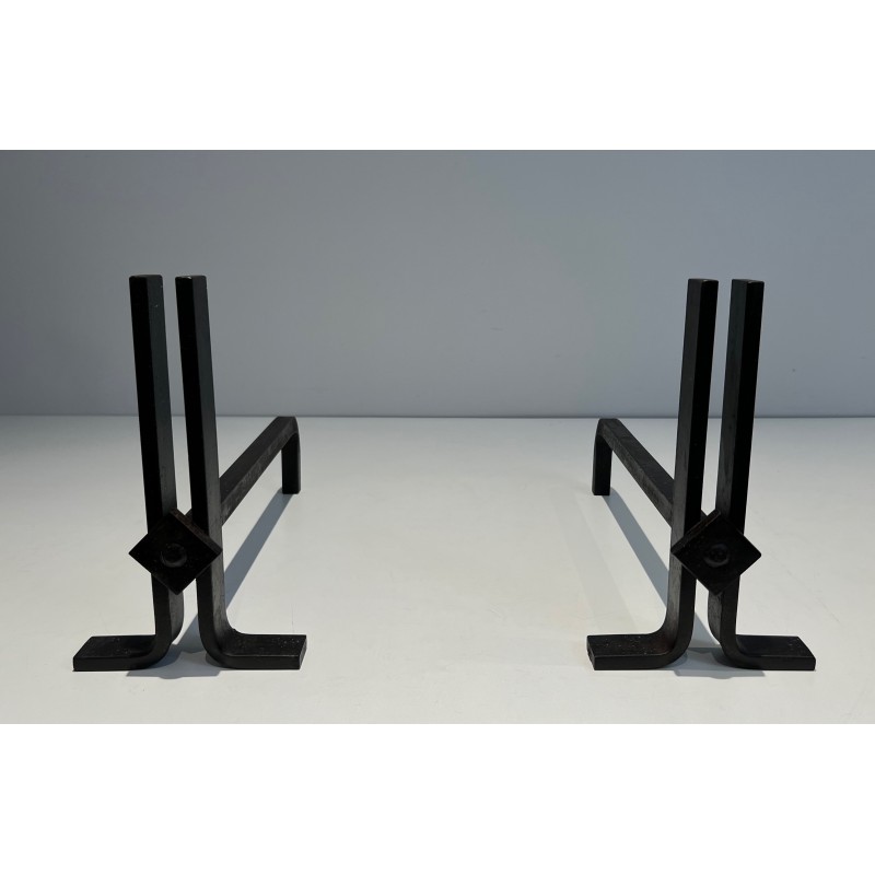 Pair of Modernist Cast Iron and Wrought Iron Andirons, French Work, Circa 1940