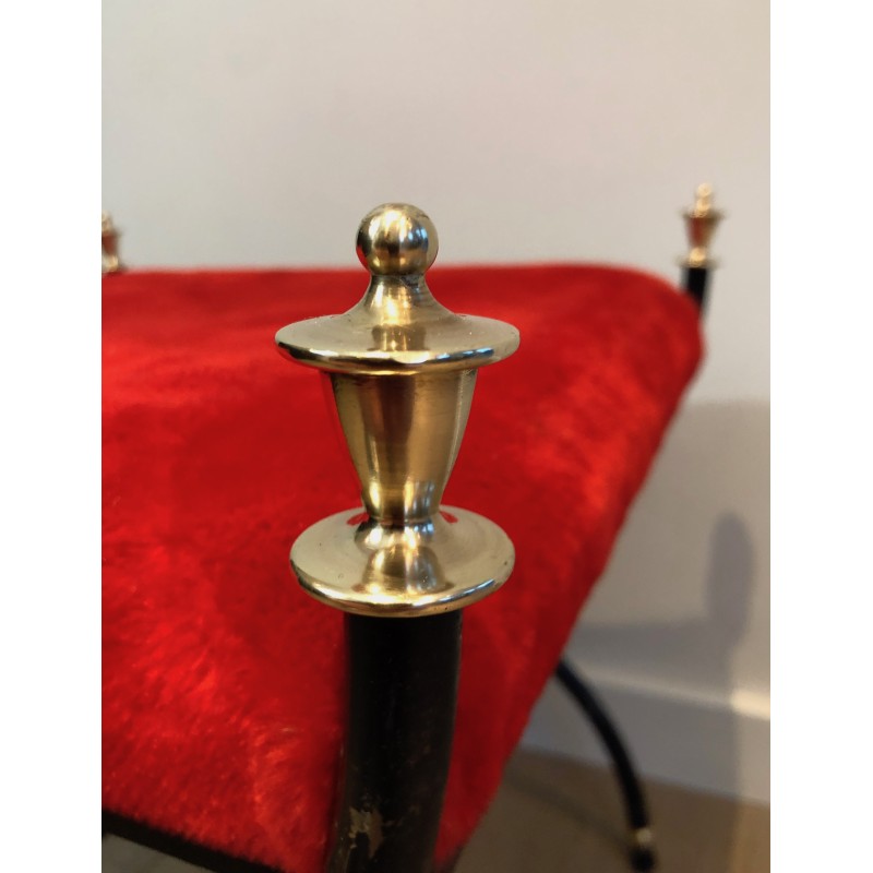 Neoclassical Black Lacquered Metal and Brass Stool with Velvet Seat, French Work, Circa 1940