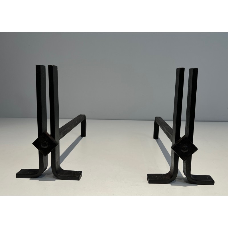 Pair of Modernist Cast Iron and Wrought Iron Andirons, French Work, Circa 1940