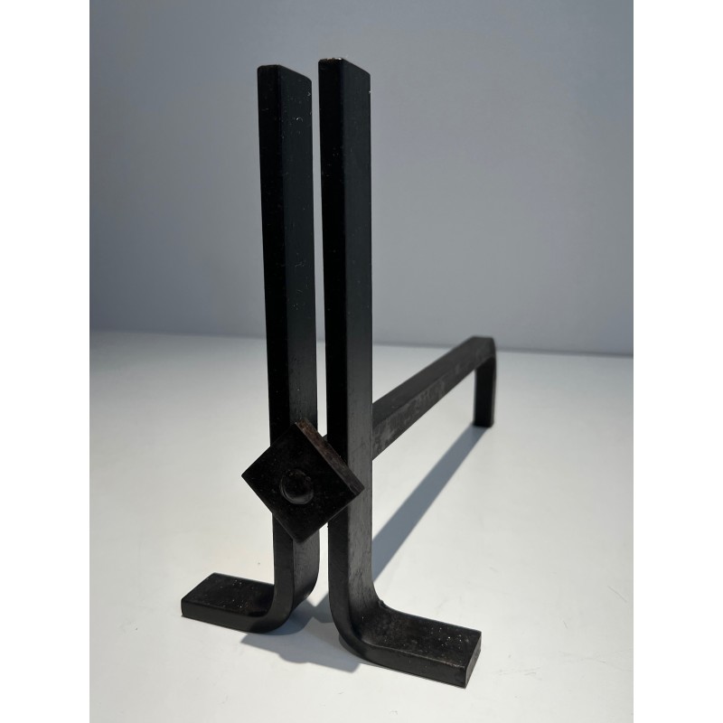 Pair of Modernist Cast Iron and Wrought Iron Andirons, French Work, Circa 1940
