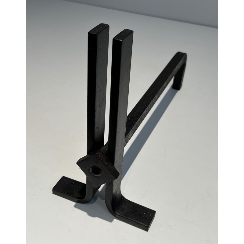 Pair of Modernist Cast Iron and Wrought Iron Andirons, French Work, Circa 1940