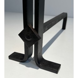 Pair of Modernist Cast Iron and Wrought Iron Andirons, French Work, Circa 1940